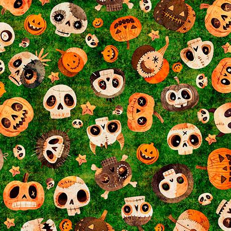 A_Haunting_We_Will_Go-Skull_Pumpkin_Toss_Green_2600-31947-G_Cotton_Fabric
