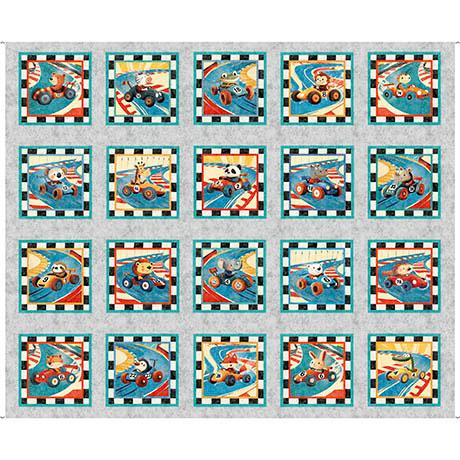 Turbo_Tykes-Animals_In_Racecars_36_Picture_Panels_Gray_2600-31754-K_Cotton_Fabric