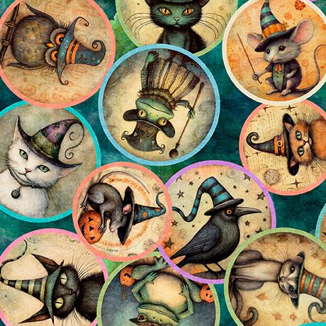 Witchypoo-Animal_Witches_Medallions_Teal_2600-31935-Q_Cotton_Fabric